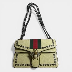 Statement Bee Clasp Studded Shoulder Bag Chain Strap Cream Embossed